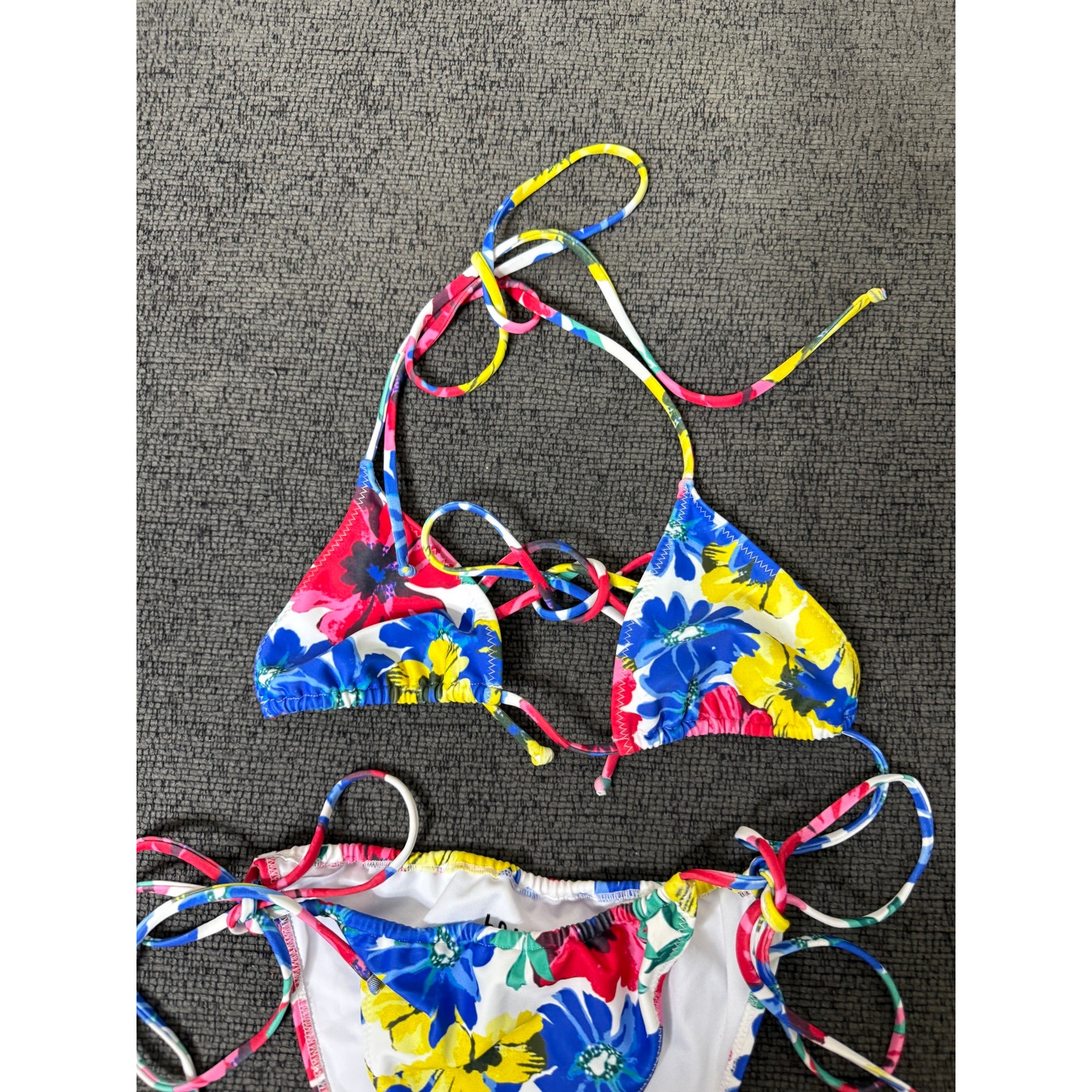 Loleia Floral Triangle String Bikini Set Tropical Resort Swim Top S Bottom L — image 3 of 8